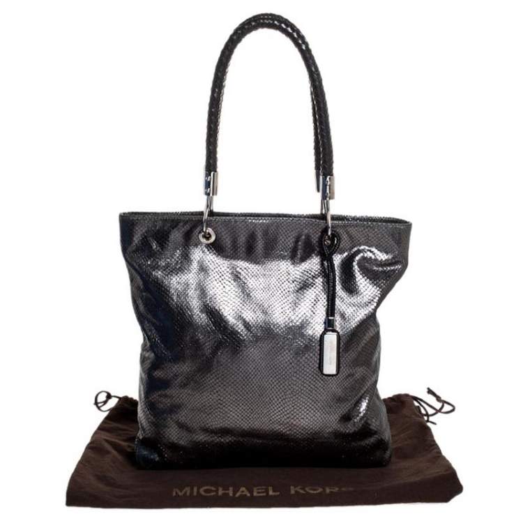 Pre Owned Michael Kors Metallic Grey Snakeskin Embossed Leather Skorpios Tote