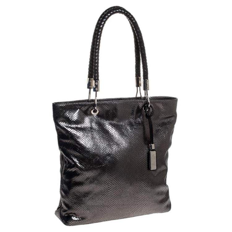 Pre Owned Michael Kors Metallic Grey Snakeskin Embossed Leather Skorpios Tote