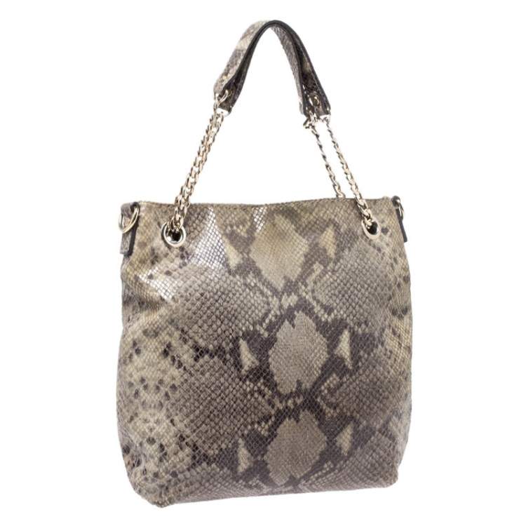 Pre Owned Michael Kors Green/Black Python Embossed Suede Chain Tote