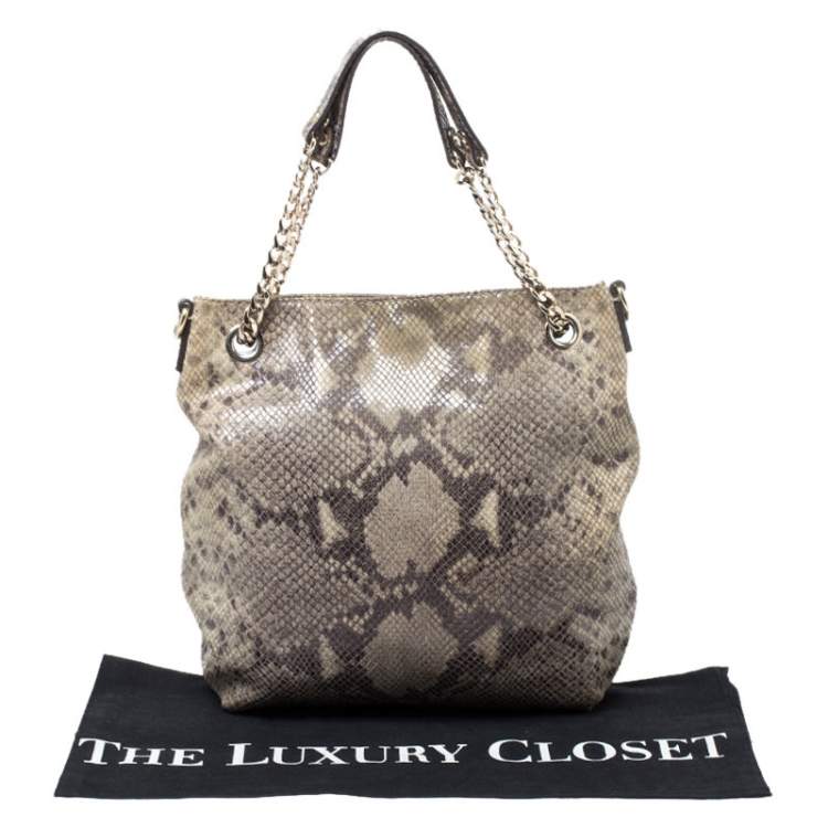 Pre Owned Michael Kors Green/Black Python Embossed Suede Chain Tote