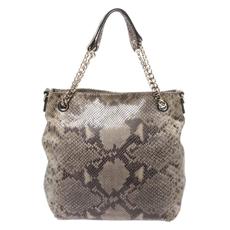 Pre Owned Michael Kors Green/Black Python Embossed Suede Chain Tote