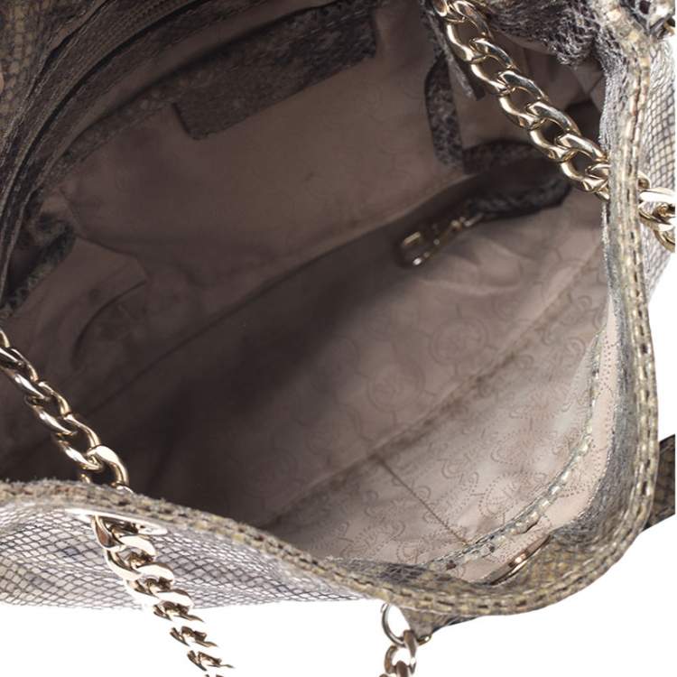 Pre Owned Michael Kors Green/Black Python Embossed Suede Chain Tote