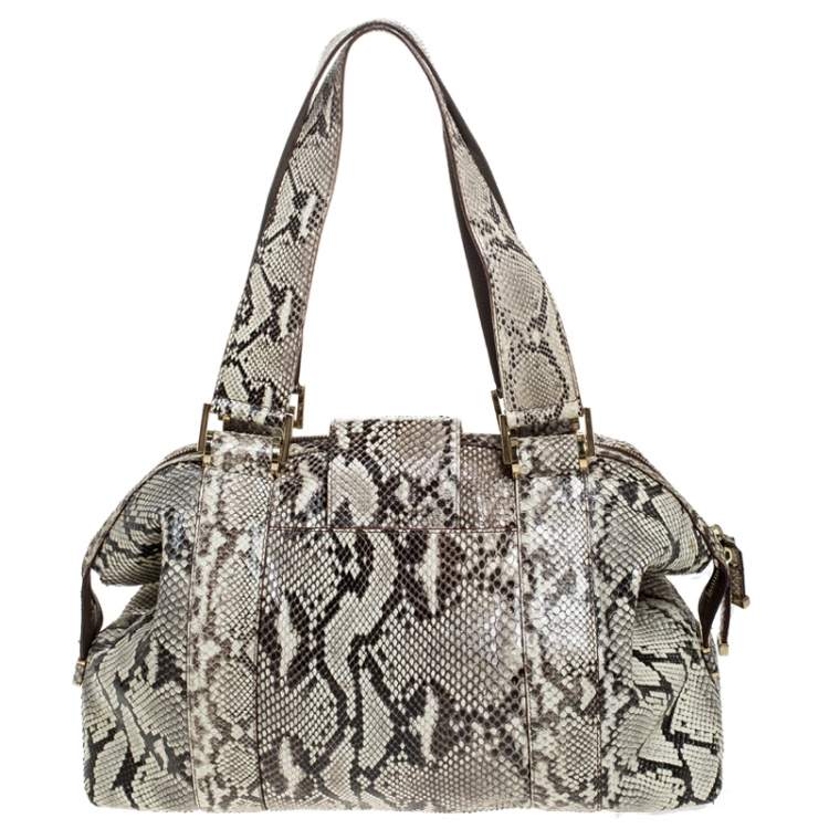 Pre Owned Micheal Kors Cream/Black Python Turnlock Satchel