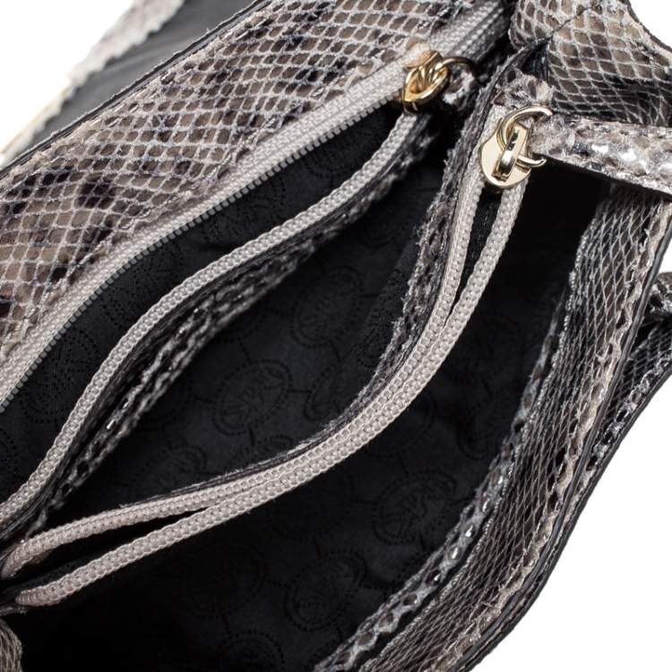 Pre Owned Michael Kors Grey Python Embossed Leather Turnlock Crossbody Bag