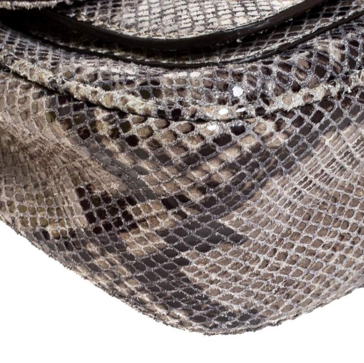 Pre Owned Michael Kors Grey Python Embossed Leather Turnlock Crossbody Bag