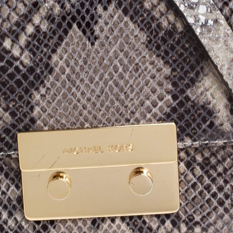 Pre Owned Michael Kors Grey Python Embossed Leather Turnlock Crossbody Bag