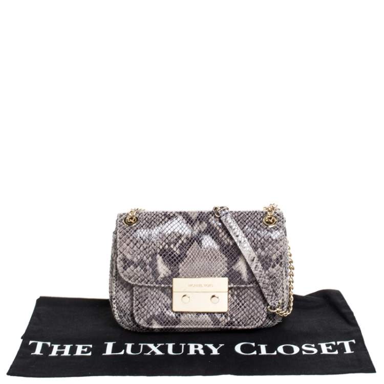 Pre Owned Michael Kors Grey Python Embossed Leather Turnlock Crossbody Bag