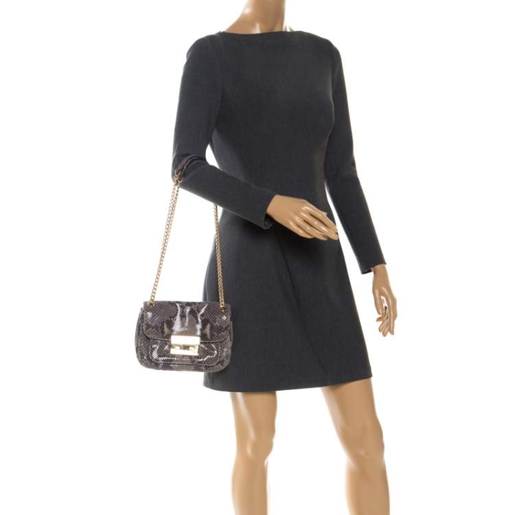 Pre Owned Michael Kors Grey Python Embossed Leather Turnlock Crossbody Bag