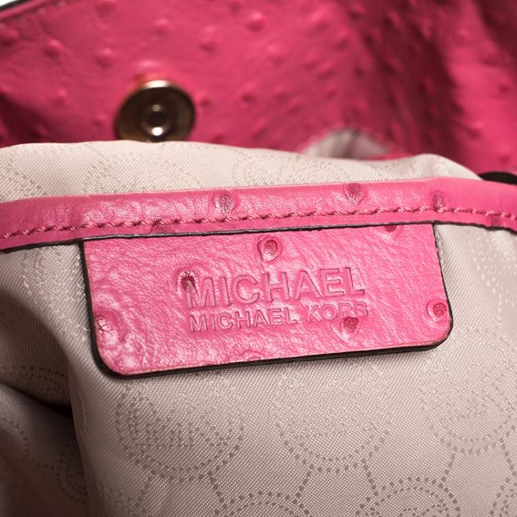 Pre Owned MICHAEL Michael Kors Pink Ostrich Embossed Leather Large Hamilton North South Tote