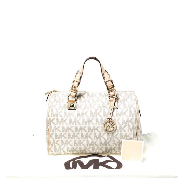 Pre Owned MICHAEL Michael Kors Ivory/Beige Signature Coated Canvas and Leather Grayson Boston Bag