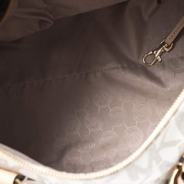 Pre Owned MICHAEL Michael Kors Ivory/Beige Signature Coated Canvas and Leather Grayson Boston Bag