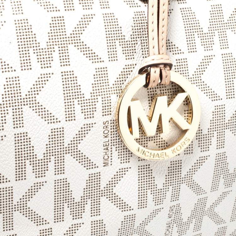 Pre Owned MICHAEL Michael Kors Ivory/Beige Signature Coated Canvas and Leather Grayson Boston Bag