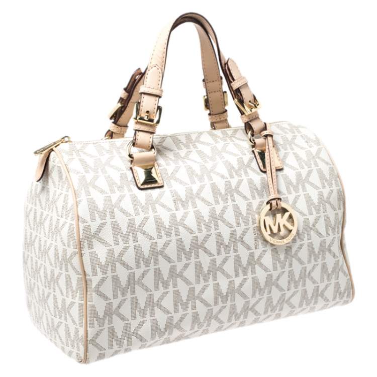 Pre Owned MICHAEL Michael Kors Ivory/Beige Signature Coated Canvas and Leather Grayson Boston Bag