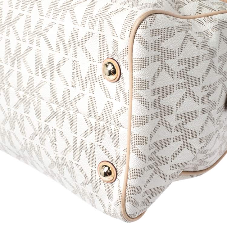 Pre Owned MICHAEL Michael Kors Ivory/Beige Signature Coated Canvas and Leather Grayson Boston Bag