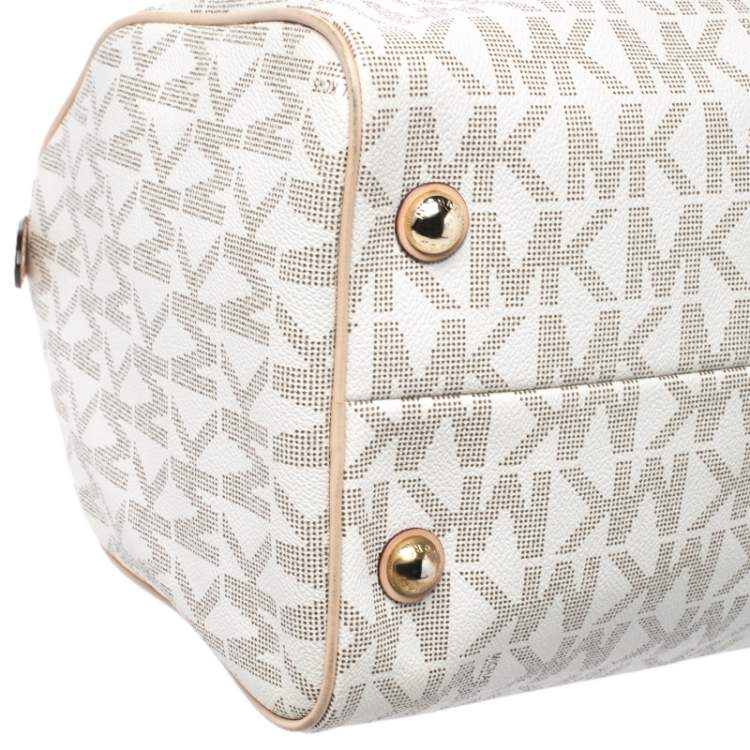 Pre Owned MICHAEL Michael Kors Ivory/Beige Signature Coated Canvas and Leather Grayson Boston Bag