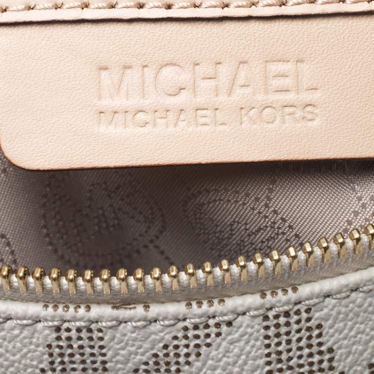 Pre Owned MICHAEL Michael Kors Ivory/Beige Signature Coated Canvas and Leather Grayson Boston Bag