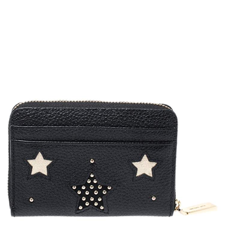 Pre Owned Michael Kors Black Studded Leather Star Zip Around Coin Purse
