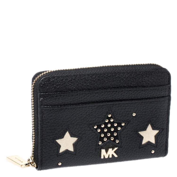 Pre Owned Michael Kors Black Studded Leather Star Zip Around Coin Purse
