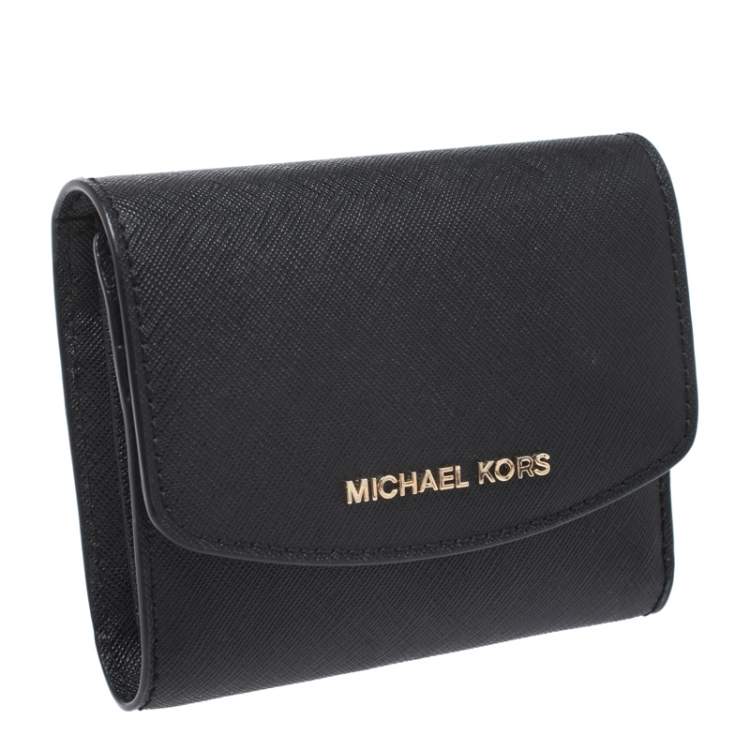 Pre Owned Michael Kors Black Leather Short Jet Set Trifold Wallet