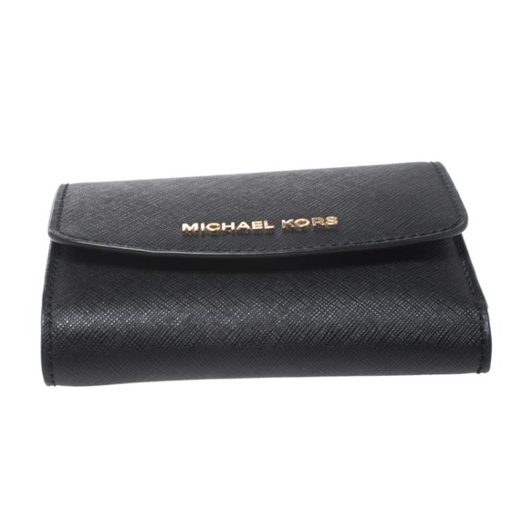 Pre Owned Michael Kors Black Leather Short Jet Set Trifold Wallet