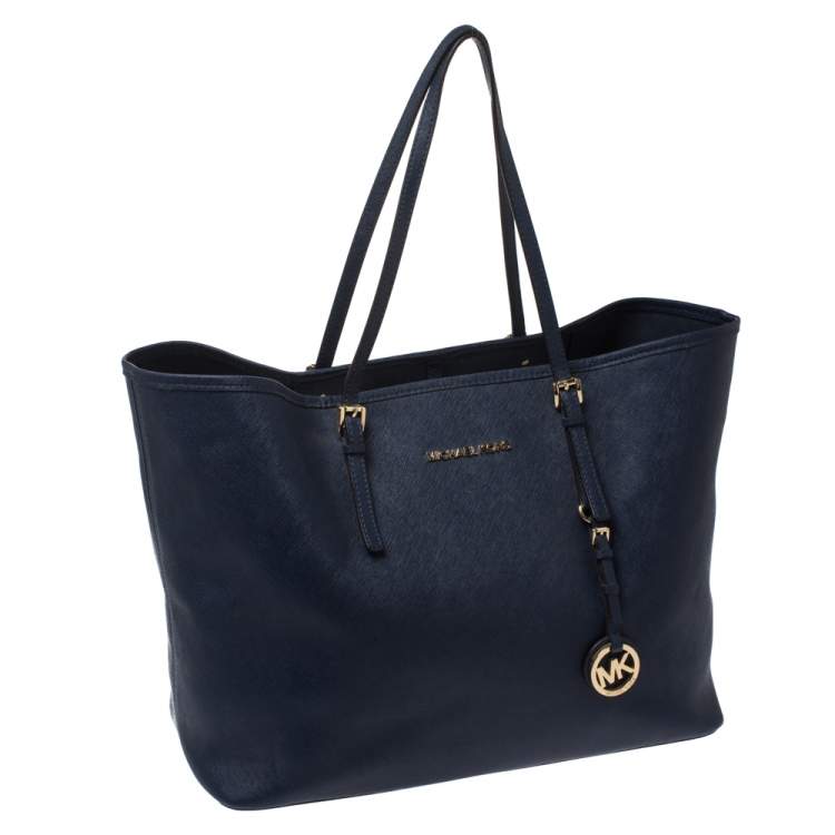 Pre Owned Michael Kors Blue Leather Jet Set Travel Tote
