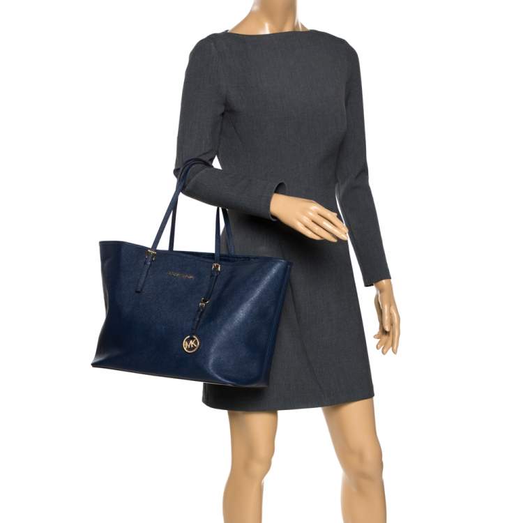 Pre Owned Michael Kors Blue Leather Jet Set Travel Tote