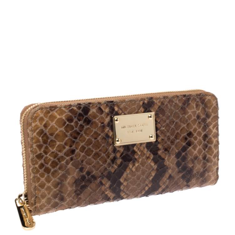 Pre Owned Michael Kors Brown Python Effect Leather Jet Set Zip Around Wallet