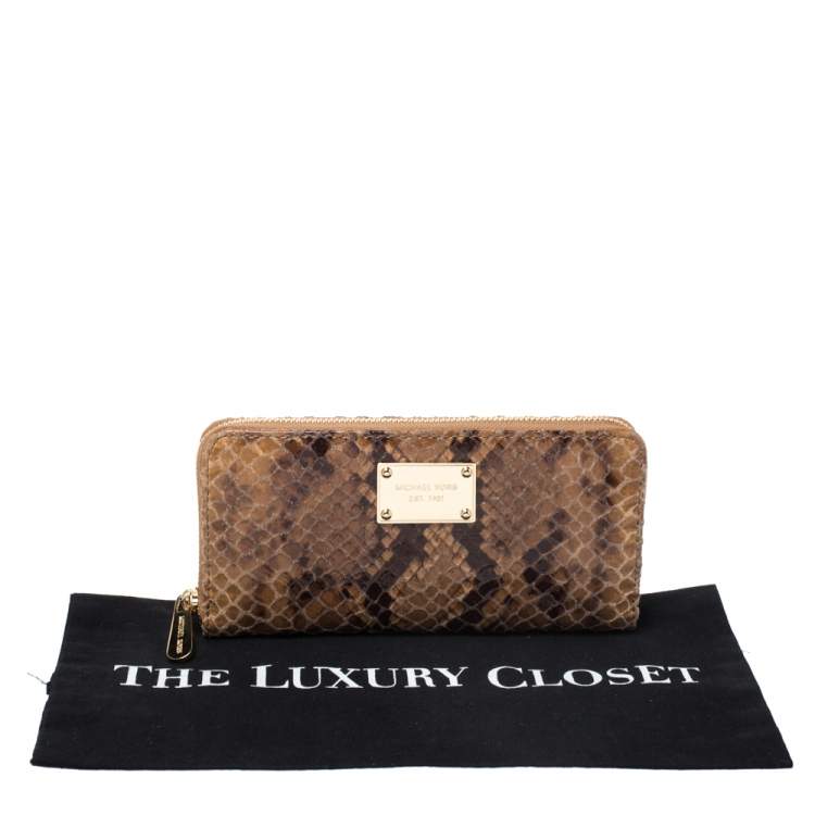 Pre Owned Michael Kors Brown Python Effect Leather Jet Set Zip Around Wallet