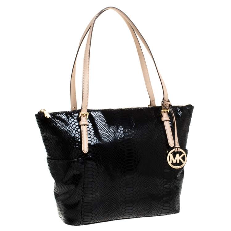 Pre Owned Michael Michael Kors Black Python Embossed Leather Top Zip Jet Set Tote