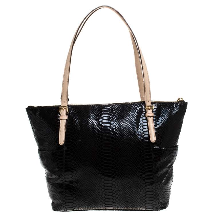 Pre Owned Michael Michael Kors Black Python Embossed Leather Top Zip Jet Set Tote