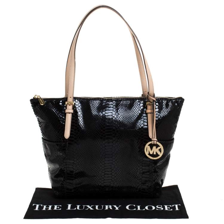 Pre Owned Michael Michael Kors Black Python Embossed Leather Top Zip Jet Set Tote