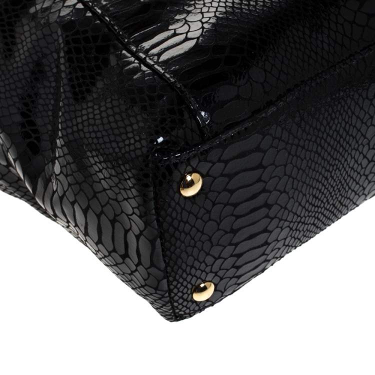 Pre Owned Michael Michael Kors Black Python Embossed Leather Top Zip Jet Set Tote