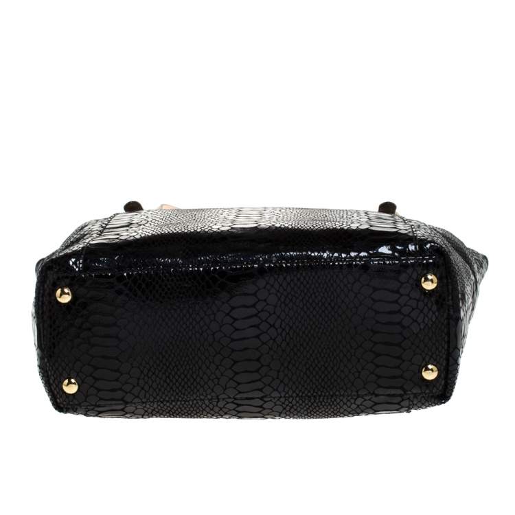 Pre Owned Michael Michael Kors Black Python Embossed Leather Top Zip Jet Set Tote