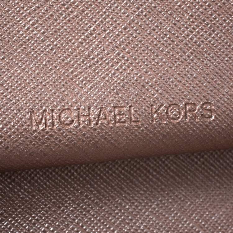Pre Owned Michael Kors Metallic Rose Gold Logo Patent Leather Small Wristlet Wallet