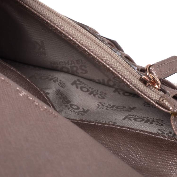 Pre Owned Michael Kors Metallic Rose Gold Logo Patent Leather Small Wristlet Wallet