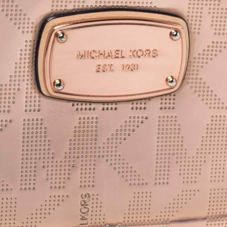 Pre Owned Michael Kors Metallic Rose Gold Logo Patent Leather Small Wristlet Wallet