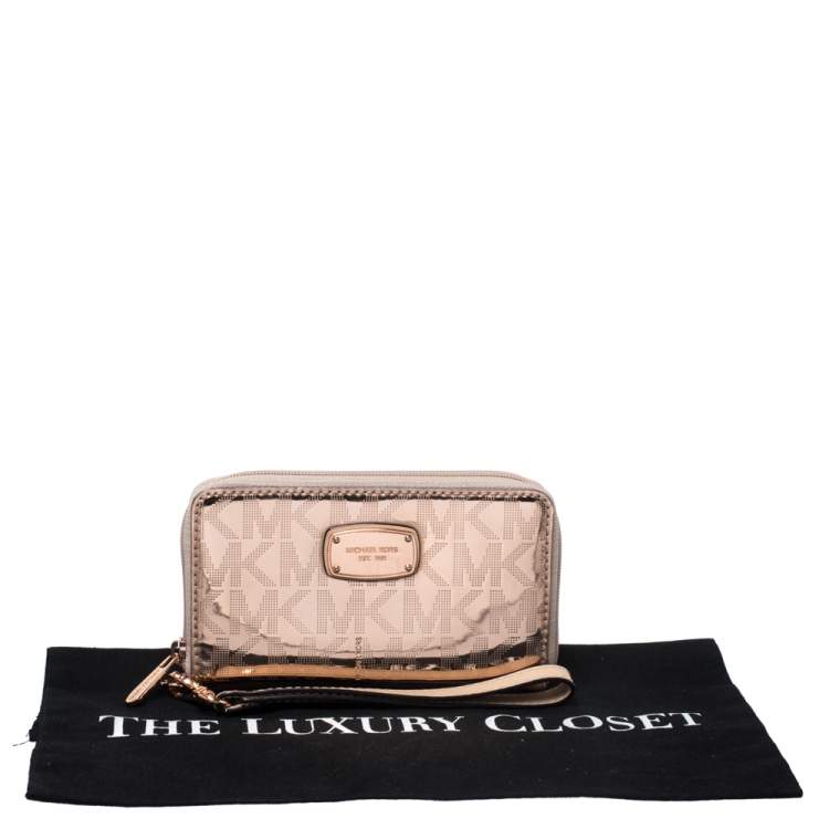 Pre Owned Michael Kors Metallic Rose Gold Logo Patent Leather Small Wristlet Wallet