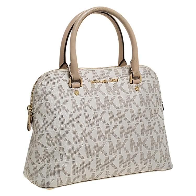 Pre Owned MICHAEL Michael Kors Beige Signature Coated Canvas Cindy Dome Satchel