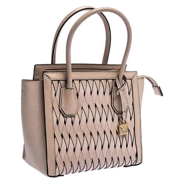 Pre Owned Michael Kors Pink Woven Leather Mercer Studio Tote