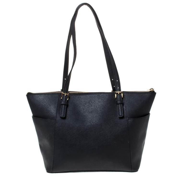 Pre Owned Michael Michael Kors Black Leather Medium Jet Set Top Zip Tote