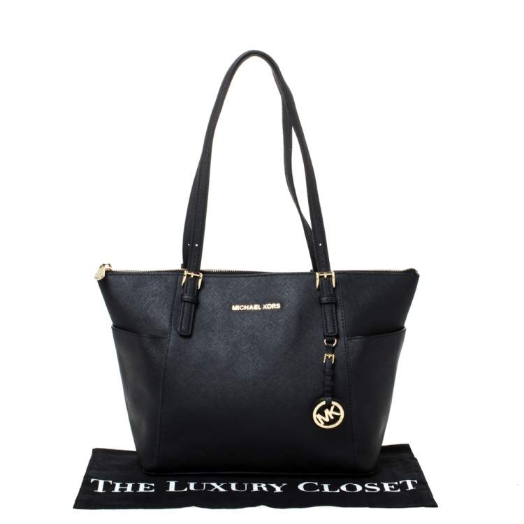 Pre Owned Michael Michael Kors Black Leather Medium Jet Set Top Zip Tote