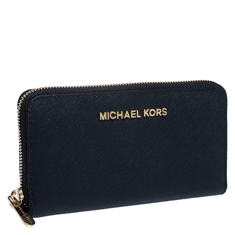 Pre Owned Michael Kors Blue Leather Zip Around Wristlet Wallet