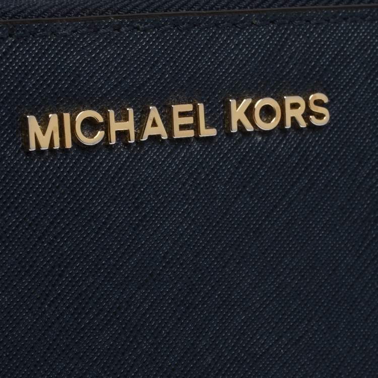Pre Owned Michael Kors Blue Leather Zip Around Wristlet Wallet