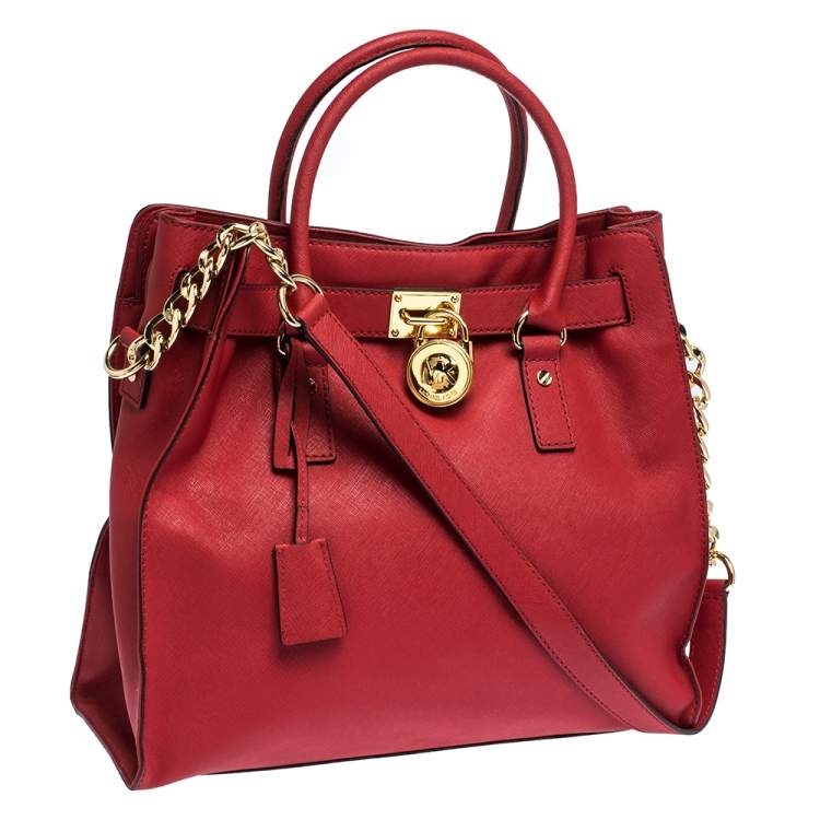 Pre Owned MICHAEL Michael Kors Red Leather Large Hamilton North South Tote