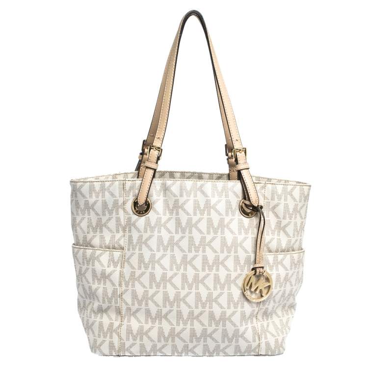MICHAEL Michael Kors Off White/Beige Signature Coated Canvas and Leather  Jet Set East West Tote Michael Kors | TLC