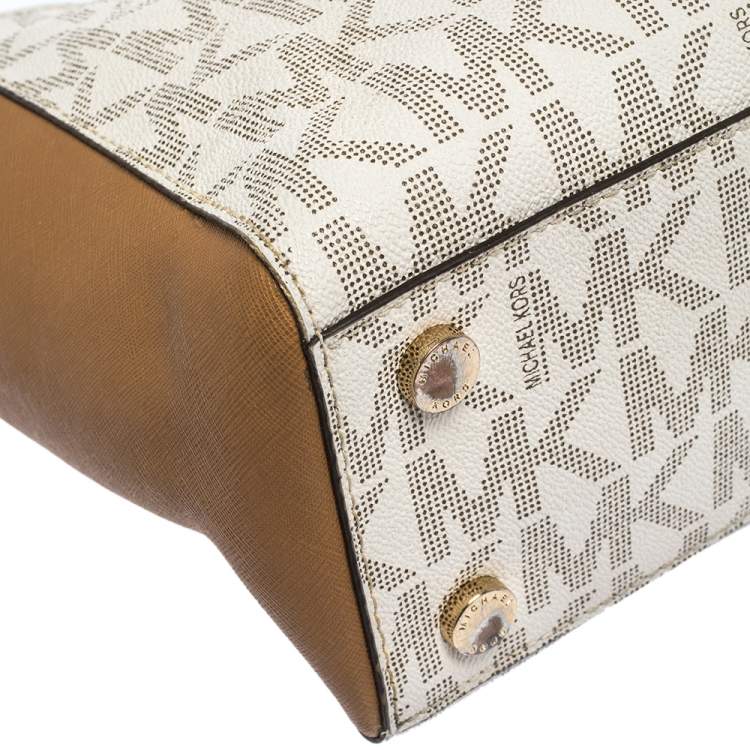 Pre Owned MICHAEL Michael Kors Beige/Tan Monogram Coated Canvas and Leather Tote