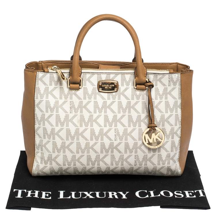 Pre Owned MICHAEL Michael Kors Beige/Tan Monogram Coated Canvas and Leather Tote