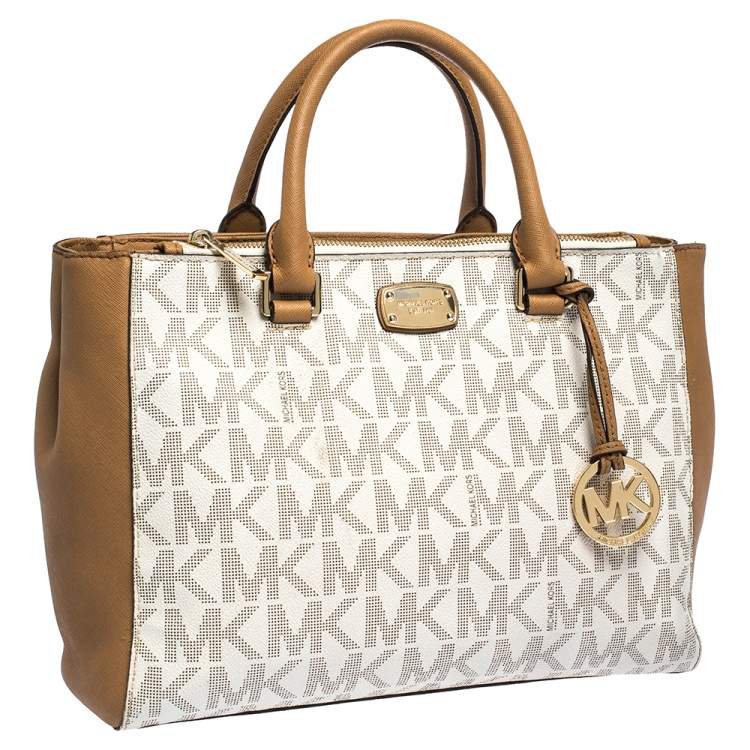 Pre Owned MICHAEL Michael Kors Beige/Tan Monogram Coated Canvas and Leather Tote