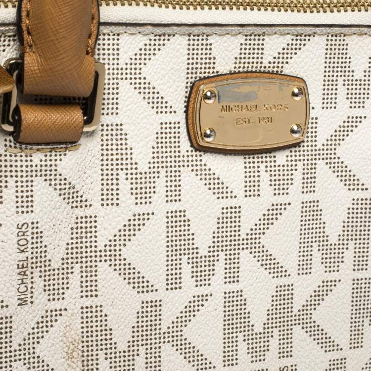 Pre Owned MICHAEL Michael Kors Beige/Tan Monogram Coated Canvas and Leather Tote