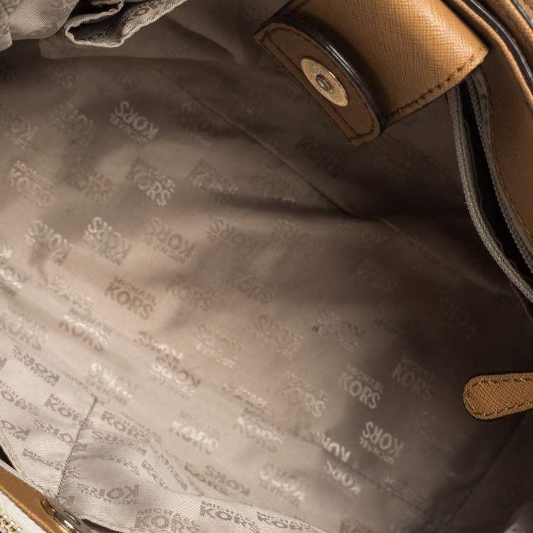 Pre Owned MICHAEL Michael Kors Beige/Tan Monogram Coated Canvas and Leather Tote